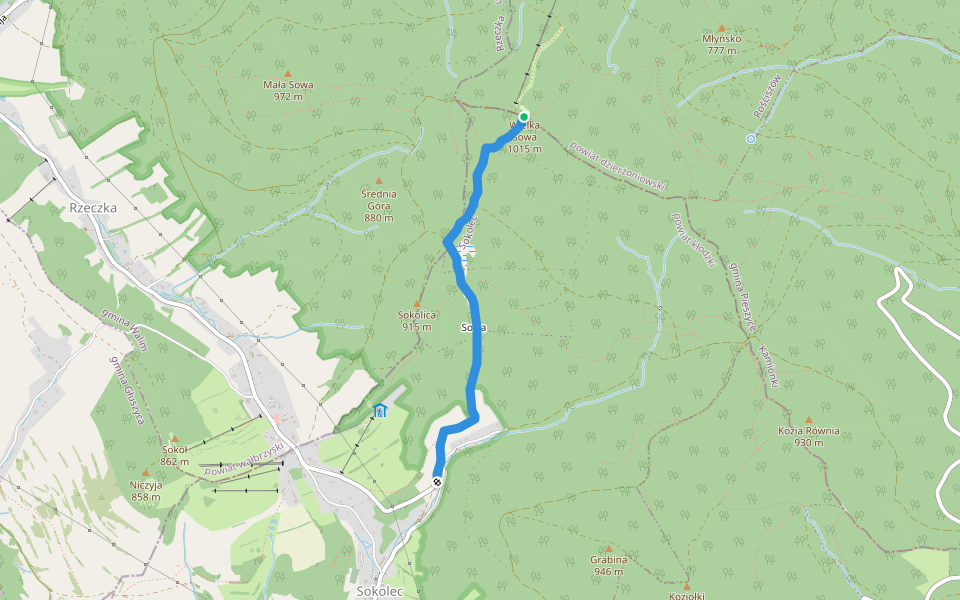 Schronisko Sowa-Sokolec walking route map in Pieszyce