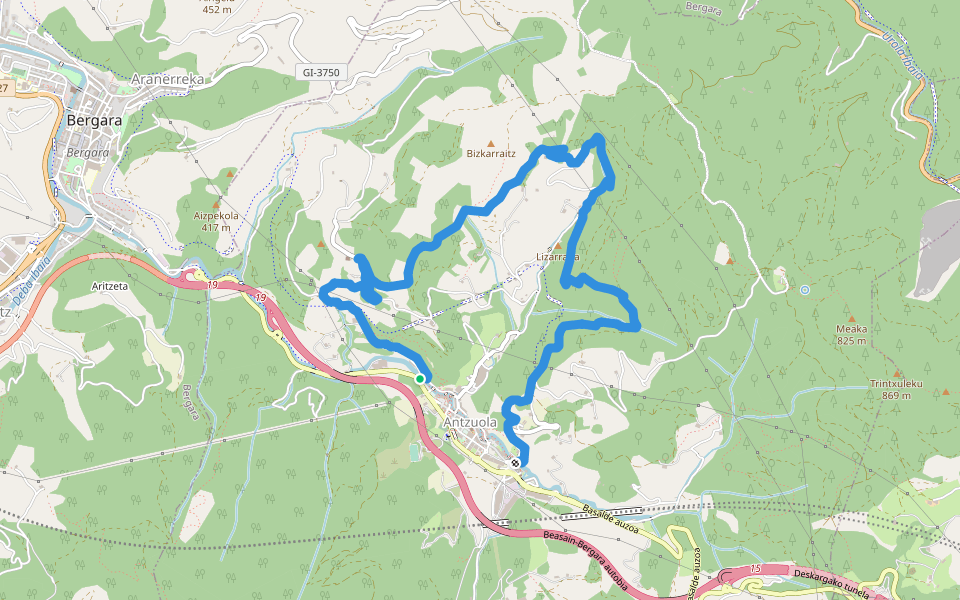 PR-GI 98 Uzarraga-Galartza-Lizarraga-Irimoegi walking route map in Antzuola