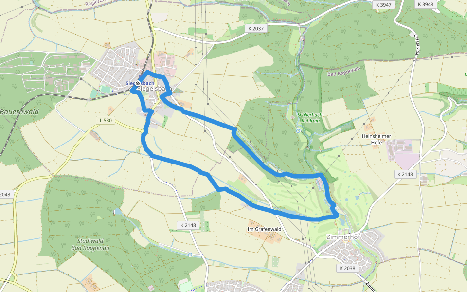 KR7 Fünfmühlental-Römersee Rundweg walking route map in Siegelsbach