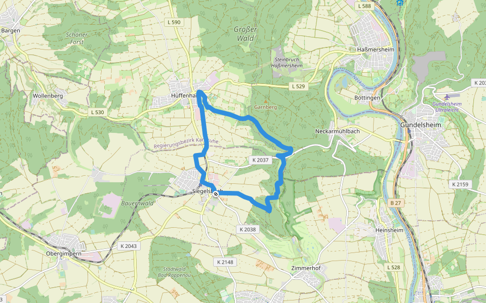 KR9 Mühlenschenke-Hüffenhardt Rundweg walking route map in Siegelsbach