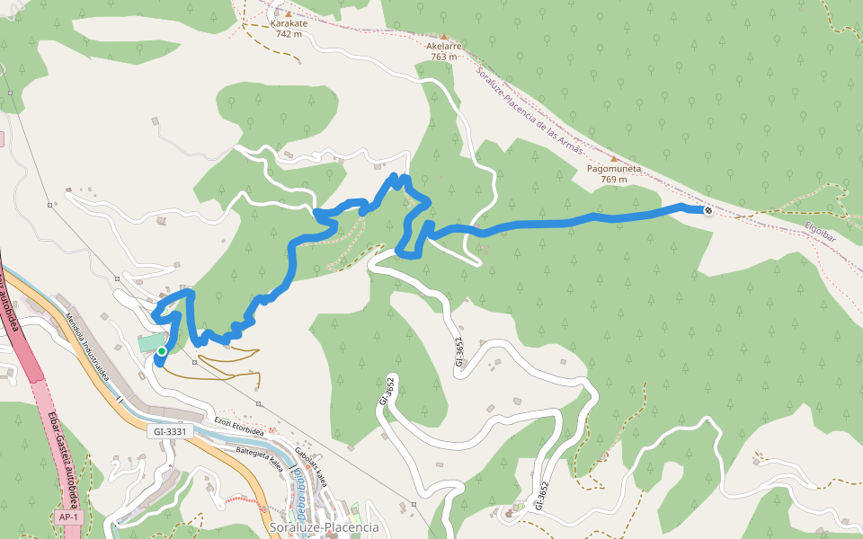 PR-GI 94.1 Dolmenen ibilbidea Soraluze-Gizaburuaga bariantea walking route map in Soraluze