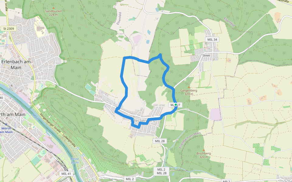 Blauer Laubbaum Rundwanderweg Mechenhard walking route map in Erlenbach am Main