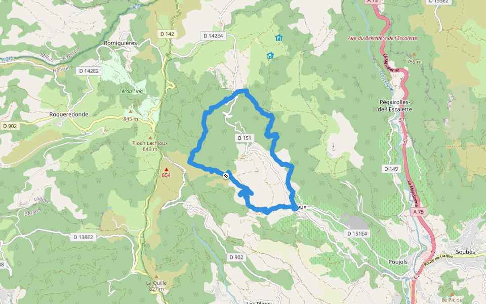 Corniches de Lauroux walking route map in Lauroux