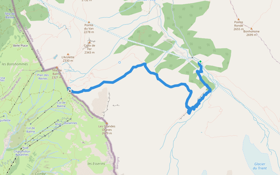TMB CCW Alt Stage 9.2 Chalet du Glacier – Col de Balme walking route map in Trient