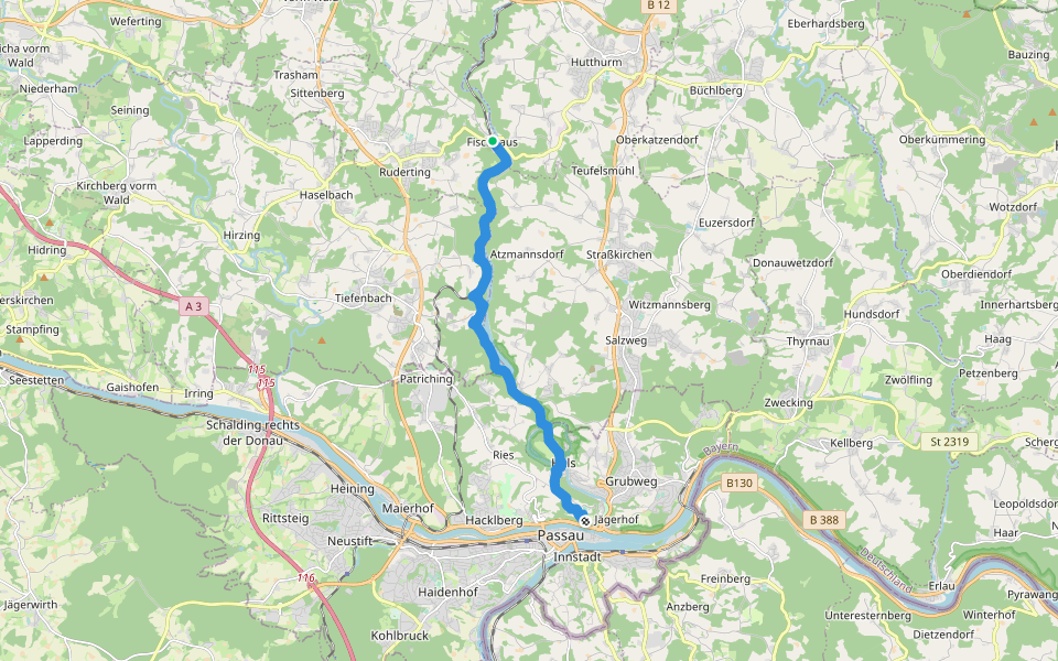 Goldsteig S22: Ruderting - Passau walking route map in Ruderting