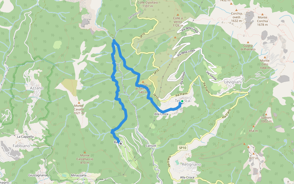 Sentiero Alta Versilia - Tappa 04 - Basati - Cave del Giardino - Terrinca walking route map in Terrinca