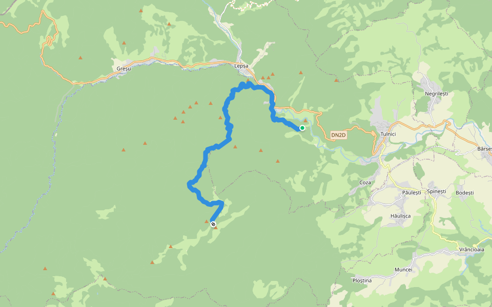 Cheile Tișiței  – Pârâul Cristianu  – Golul Roibului  – Șaua Geamăna (red triangle) walking route map in Lepșa