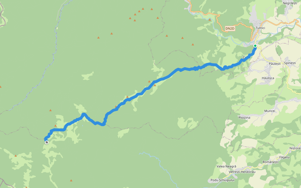 Comuna Tulnici – Stina Haulestenilor – Mt. Coza – Saua Geamana – Dealul Negru – Saua Tisitei – Poiana Sindrilita (red stripe) walking route map in Lepșa
