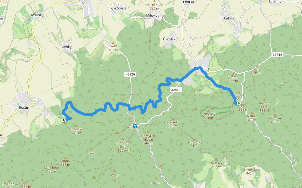 [M] Kudlovická dolina (rozc.) - Roštínská kaple walking route map in Košíky