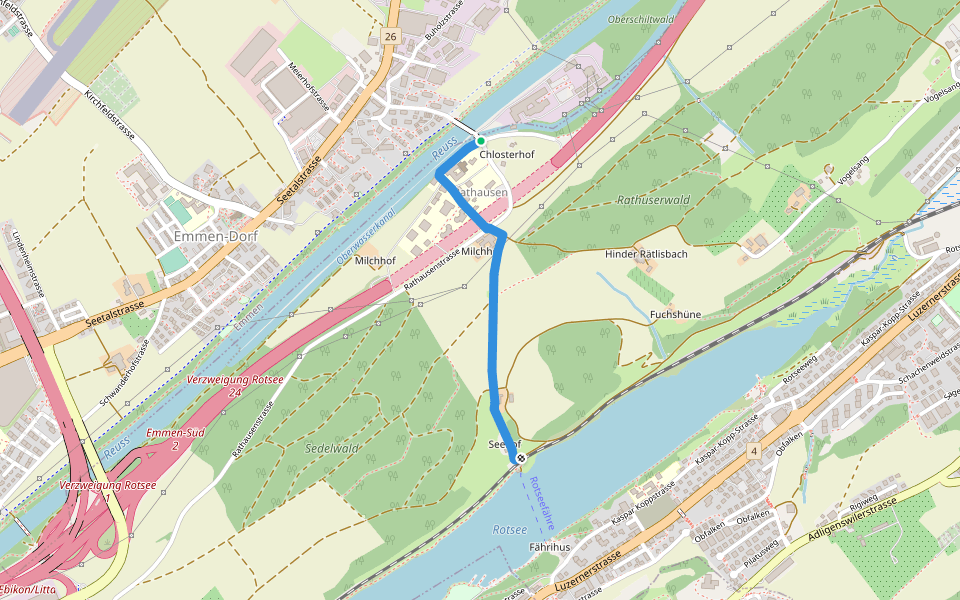Rathausen Brücke - Seehof walking route map in Ebikon