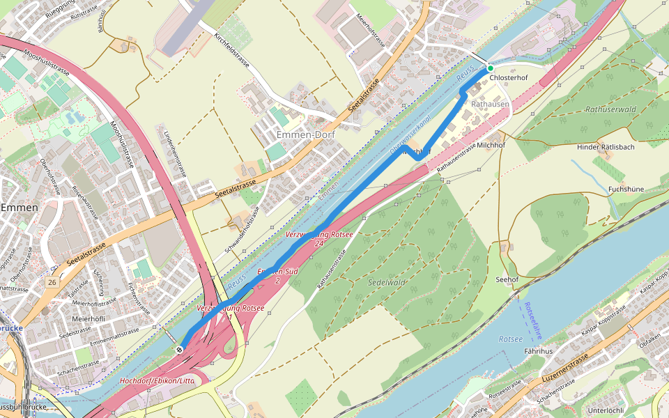 Sädelbrücke - Rathausen Brücke walking route map in Ebikon