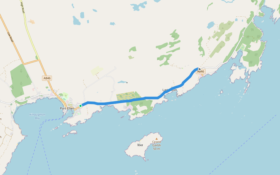 Three Distilleries Pathway walking route map in Port Ellen