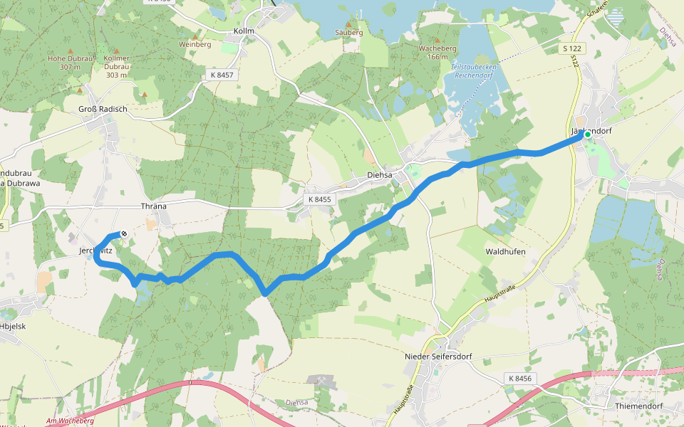 Gelber Balken Jerchwitz - Jänkendorf walking route map in Waldhufen