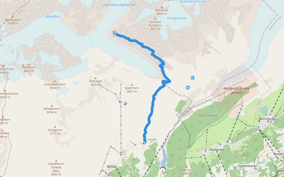 Hotel Belalp - Oberaletschhütten walking route map in Naters