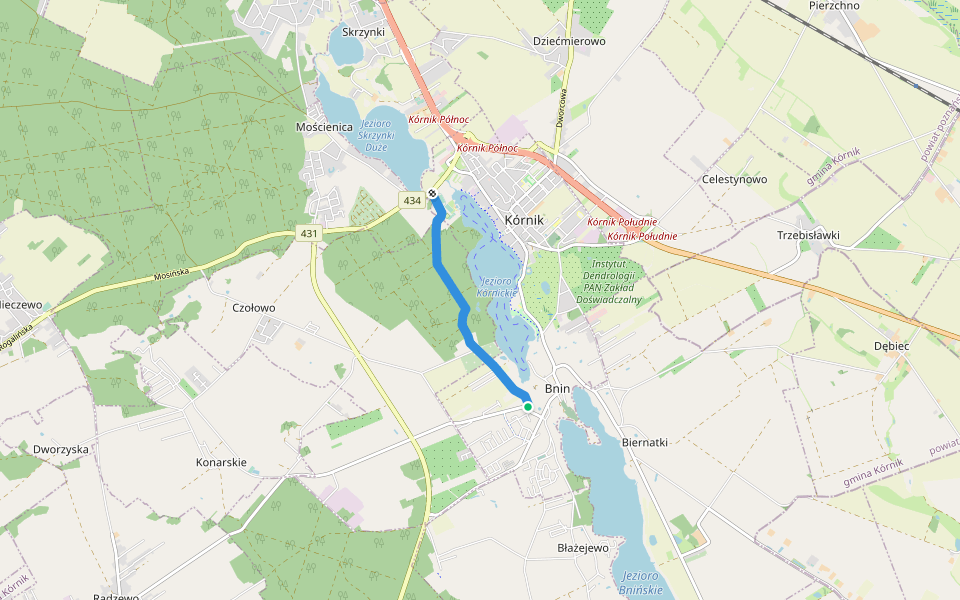 Żółty walking route map in Kórnik