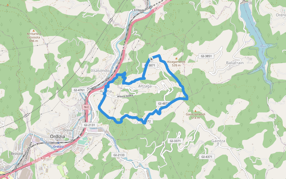 PR-GI 1 Arama-Altzagarate-ARama walking route map in Altzaga