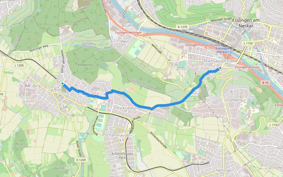 Ruit - Parksiedlung - Esslingen Pliensauvorstadt walking route map in Ostfildern