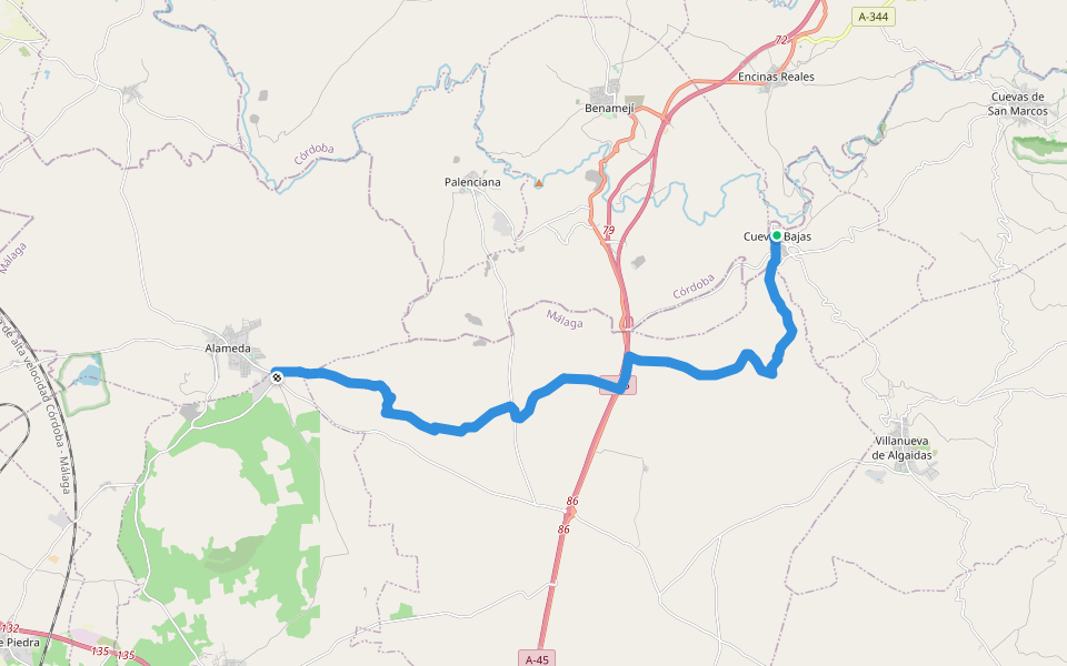 GR 249 - Cuevas Bajas - Alameda walking route map in Cuevas Bajas