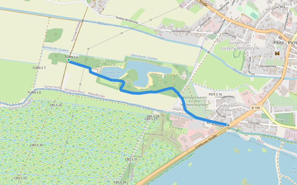 Wanderweg grüner Balken walking route map in Turnow-Preilack