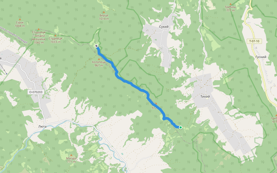 Green mark (Ljuta Monastyr - Priluky) walking route map in Tykhyi