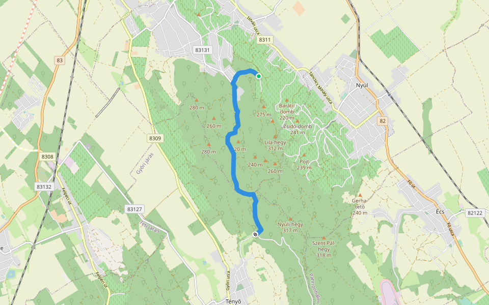 P+ (Győrújbarát – Tényő) walking route map in Győrújbarát