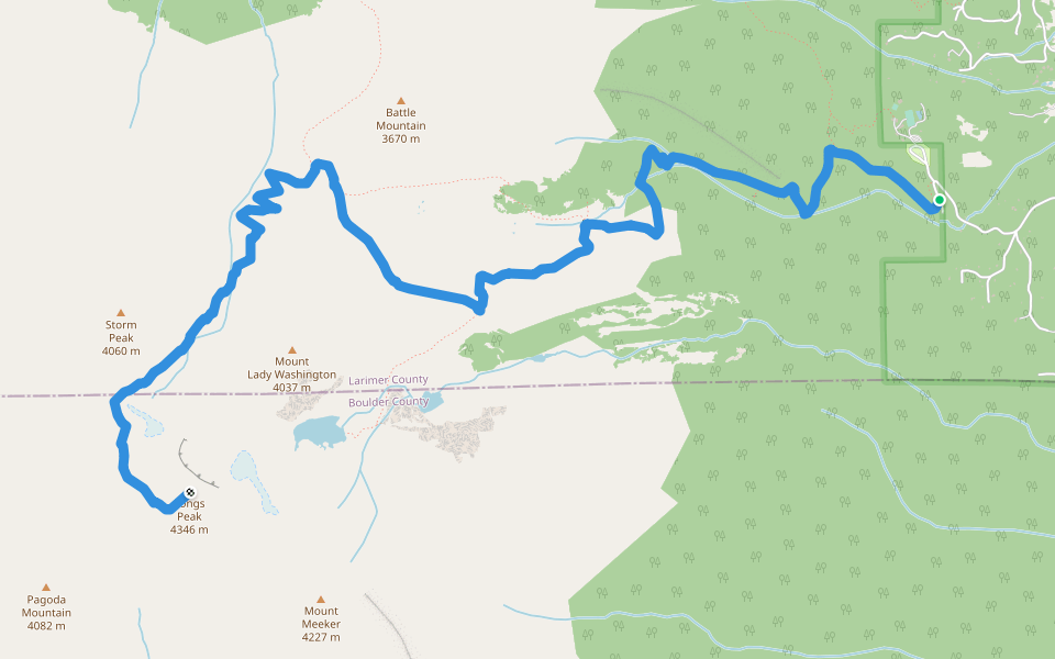 Longs Peak Trail walking route map in Estes Park