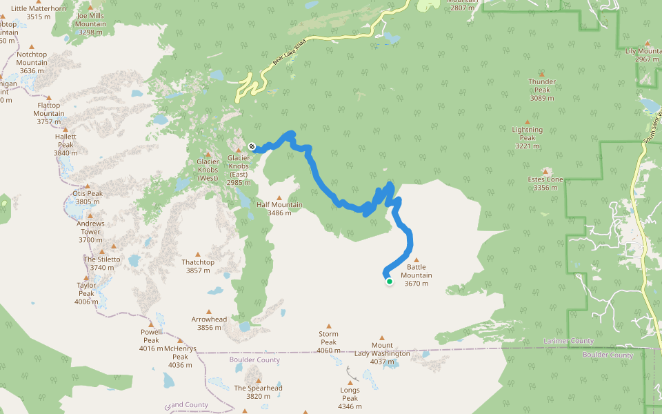 North Longs Peak Trail walking route map in Estes Park