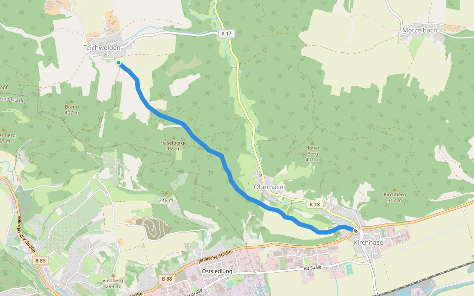 Gelber Strich Kirchhasel-Teichweiden walking route map in Uhlstädt-Kirchhasel