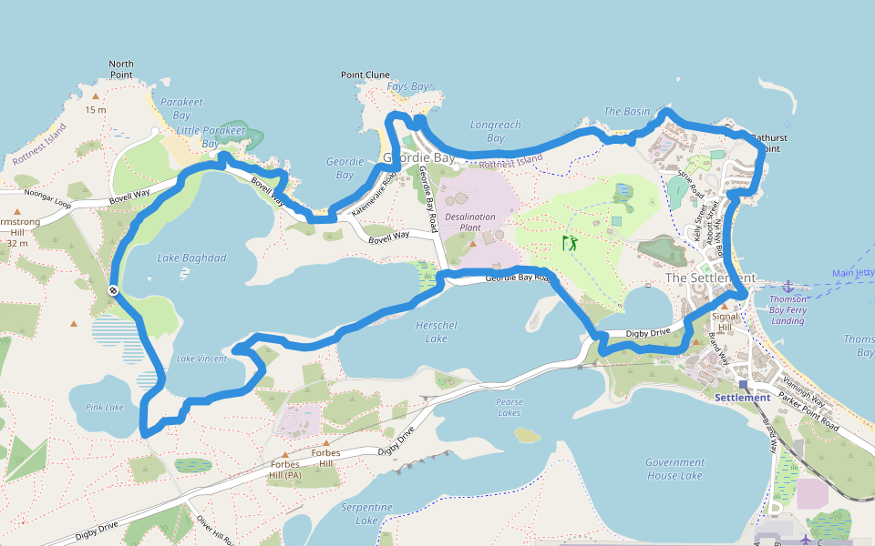 Gabbi Karniny Bidi (The Lakes) walking route map in Rottnest Island