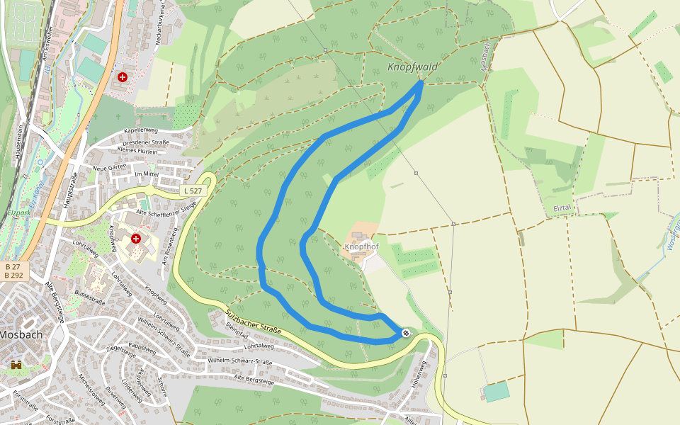Rundwanderweg Knopfwald 1: Knopfwald-Weg walking route map in Mosbach