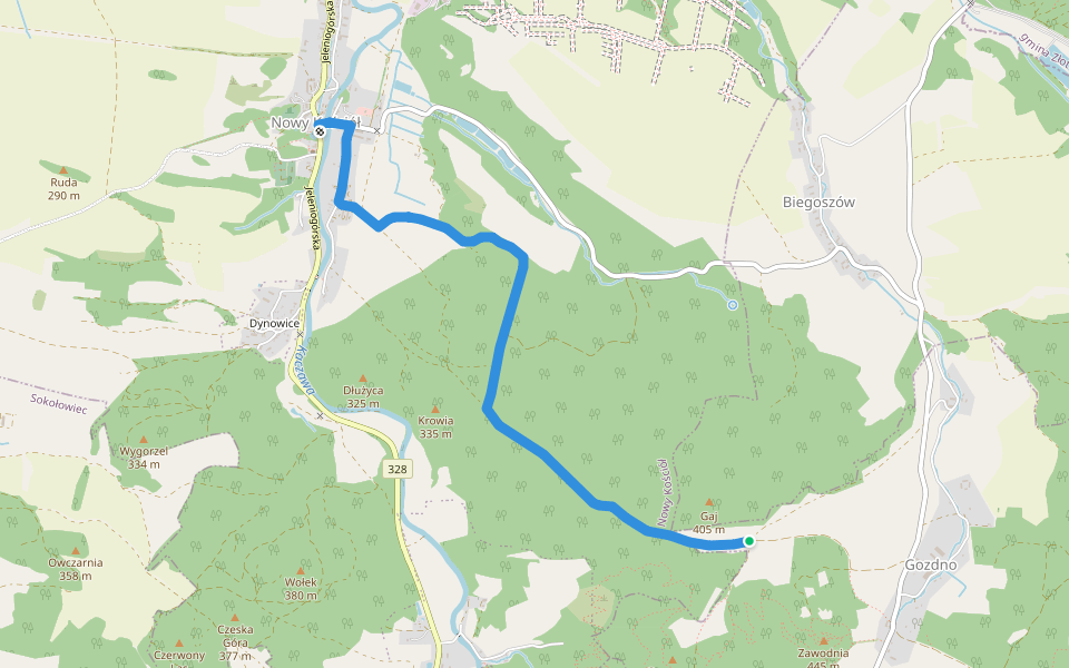 niebieski walking route map in Gozdno
