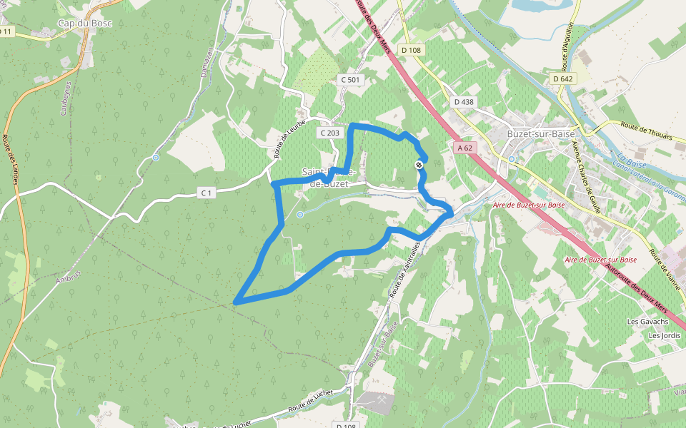 Saint-Pierre-de-Buzet, vignes, pins et chênes lièges - 6.5 km walking route map in Buzet-sur-Baïse