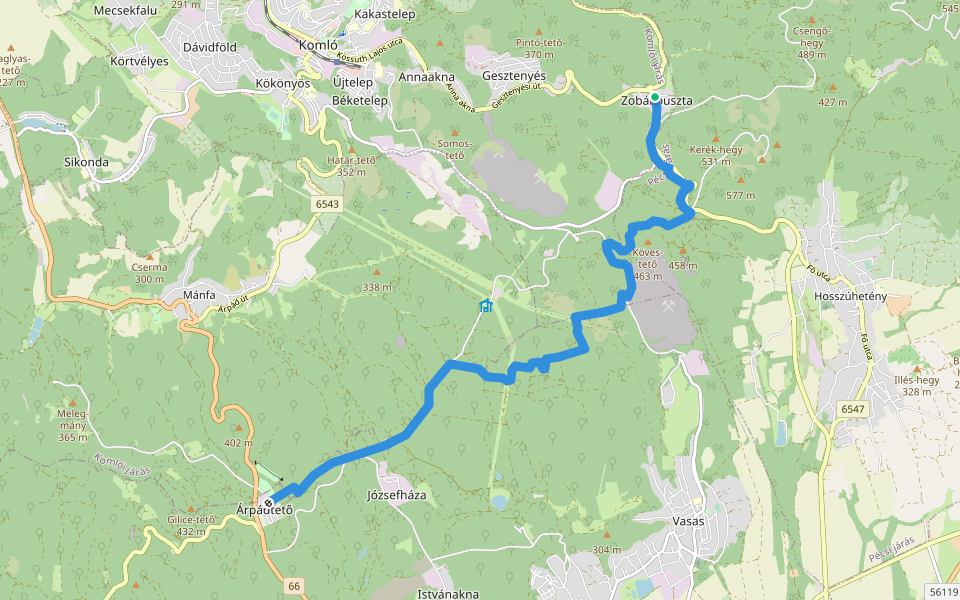 K, RPDDK 84. (Árpád-tető – Zobákpuszta) walking route map in Komló