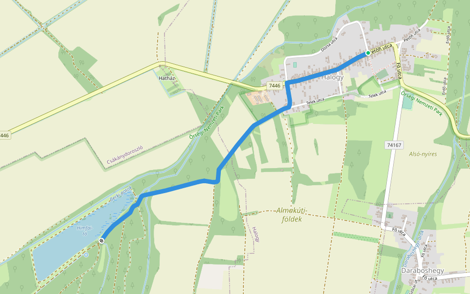 K, RPDDK 14. (Halogy – Hímfai-tó) walking route map in Halogy
