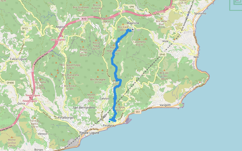 Finalpia - Colla di Magnone walking route map in Finale Ligure
