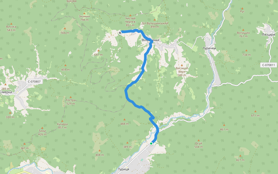 Blue mark (Vilshinky - Turica) walking route map in Turytsya
