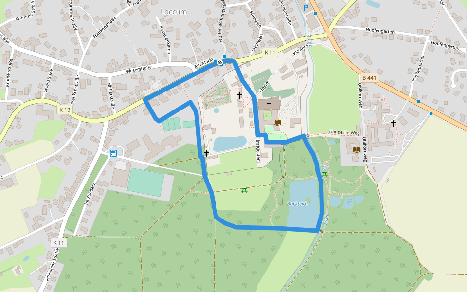 Weg 1 - blau - Wanderung im Loccumer Klosterwald walking route map in Rehburg-Loccum