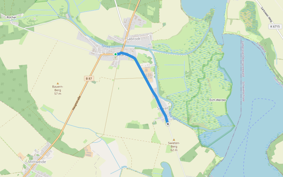 Wanderweg Sawall-Kossenblatt-... walking route map in Tauche