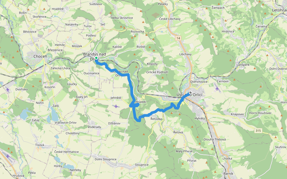 [M] Brandýs n. Orlicí - Ústí n. Orlicí walking route map in Brandýs nad Orlicí