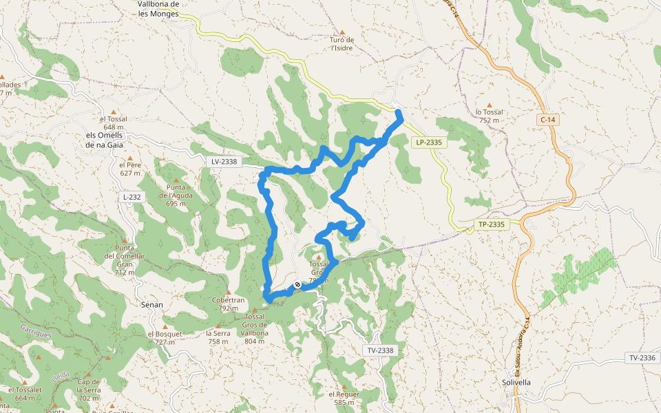 PR-C 58 Serra del Tallat walking route map in Vallbona de les Monges