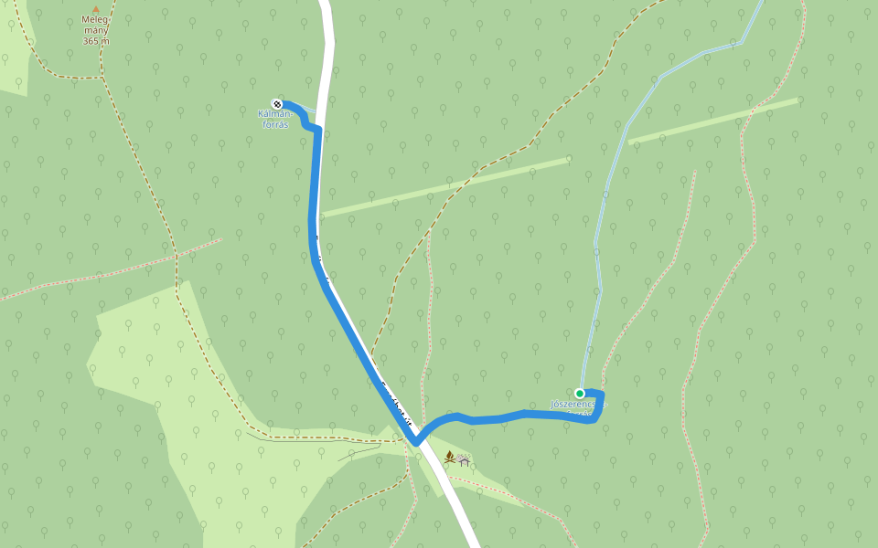 P● (Kálmán-forrás – P+ elágazás – Jószerencsét-forrás) walking route map in Mánfa