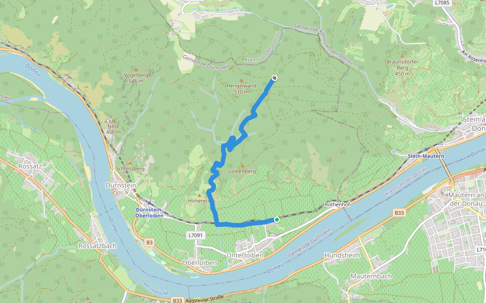 Loibner Holzweg zur Kreuzung Hengelwand (blau) walking route map in Dürnstein