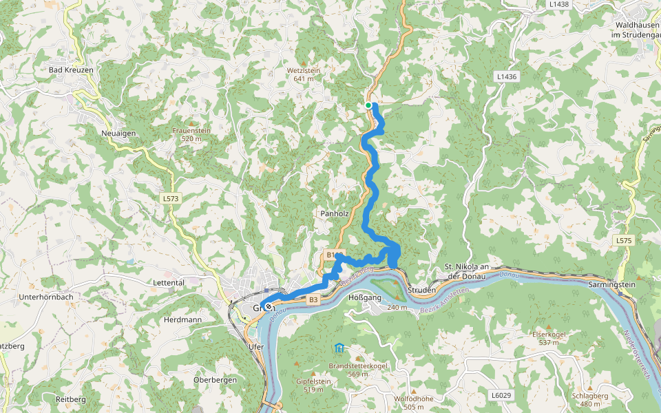 Stillensteinklamm walking route map in Grein