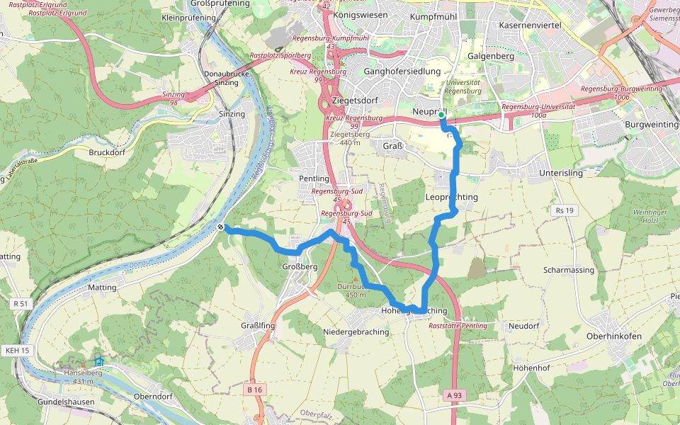 S 21 Regensburg-Neuprüll - Unterirading [Walba] (Grünes Rechteck) walking route map in Regensburg