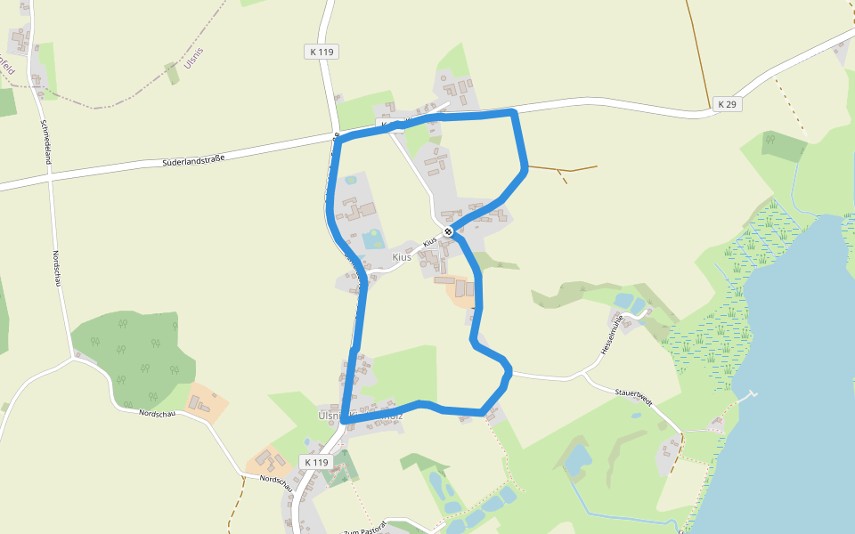 Erholungsort Ulsnis: Rundweg Hesselmühle, Kius walking route map in Ulsnis
