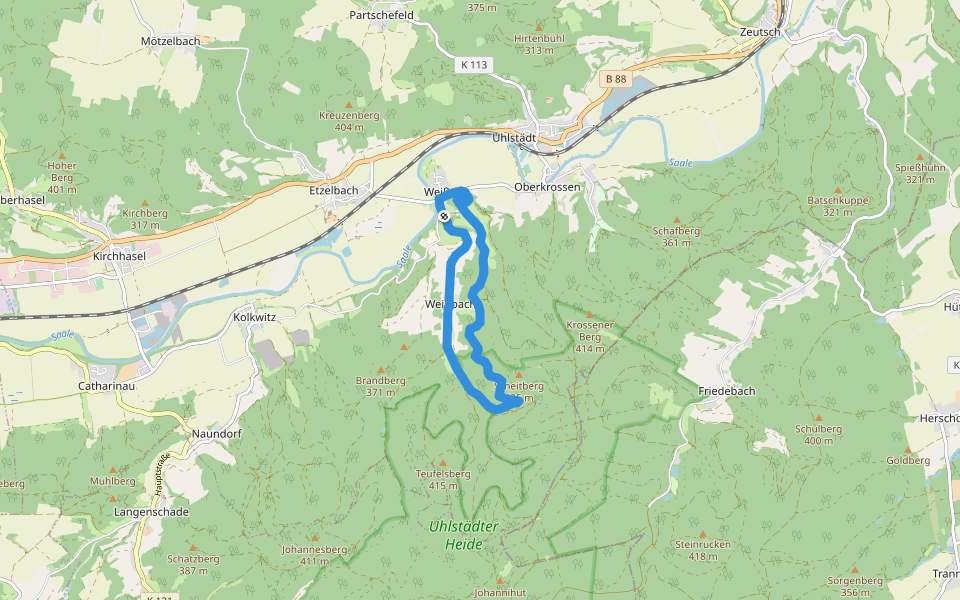 Rundwanderweg 1 (Grüner Balken) walking route map in Uhlstädt-Kirchhasel