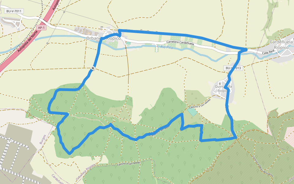 PRC-BU 127 Sendero de los Bodones walking route map in Orbaneja Riopico