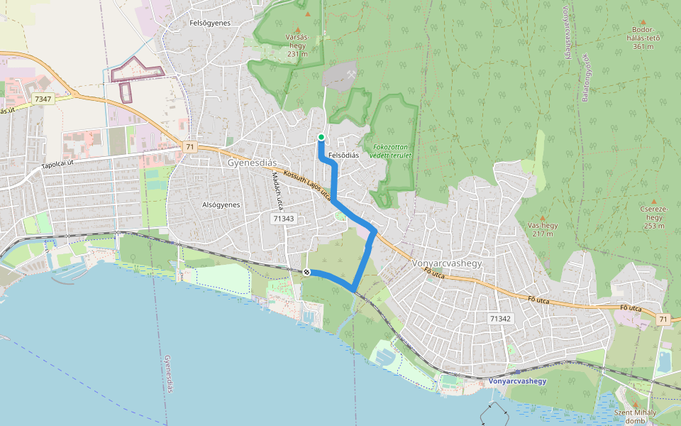 S● (Dornay-emlékút – források – Gyenesdiás, vá.) walking route map in Gyenesdiás