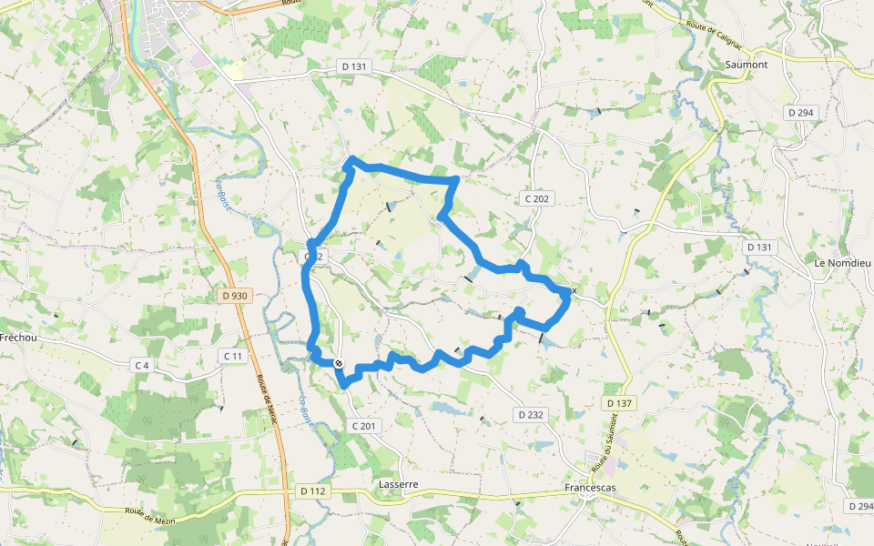 Fieux, panoramas de Gascogne - 14.5 km walking route map in Lasserre