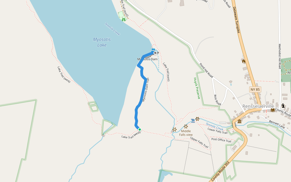 Myosotis Dam Trail walking route map in Rensselaerville